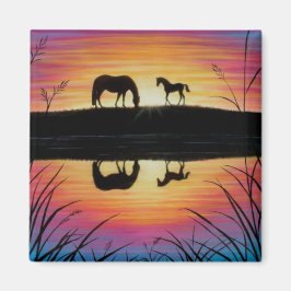 Merrie en Veulen Zonsopgang paard magneet vierkant