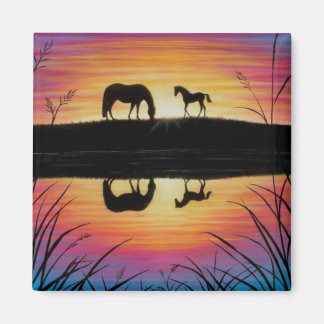 Merrie en Veulen Zonsopgang paard magneet vierkant