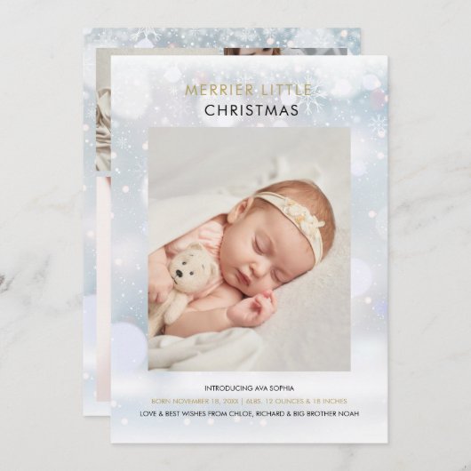 Merrier Little Kerstsnowflakes Foto Birth Feestdagenkaart (Voorkant / Achterkant)