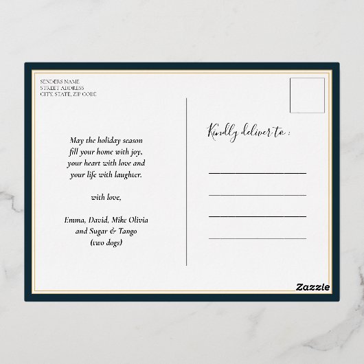 Merriest Christmas Modern Blauw Goud Script Foto Folie Feestdagen Briefkaart (Achterkant)