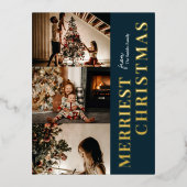 Merriest Christmas Modern Blauw Goud Script Foto Folie Feestdagen Briefkaart (Voorkant)
