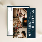Merriest Christmas Modern Blue Script 3 Foto Feestdagenkaart