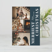 Merriest Christmas Modern Blue Script Foto Feestdagenkaart (Staand voorkant)