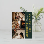 Merriest Christmas Modern Groen Goud Script Foto Folie Feestdagen Briefkaart (Staand Voorkant)