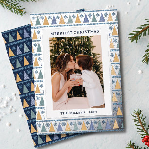 Merriest Christmas Photo Moderne Blauw Gouden Bome Folie Feestdagenkaart