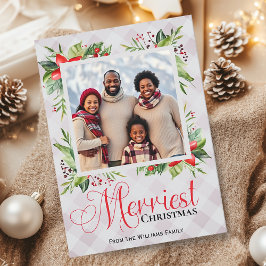 Merriest Christmas Plaid Script Familiefoto Feestdagenkaart