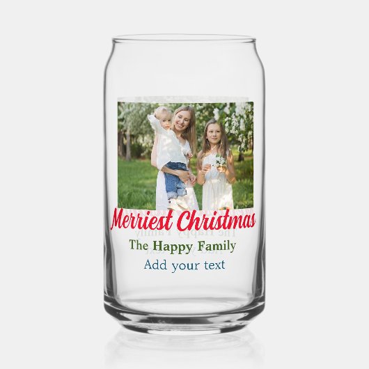 Merriest joyful kerstvakantie voeg familienaam toe blikvorm glas (Voorkant)