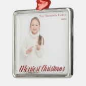 Merriest Kerstchic Red Script Overlay Foto Metalen Ornament (Links)