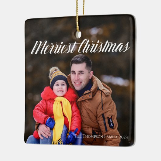 Merriest Kerstmis White Script Photo Double Sided Keramisch Ornament (Links)