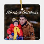 Merriest Kerstmis White Script Photo Double Sided Keramisch Ornament (Voorkant)