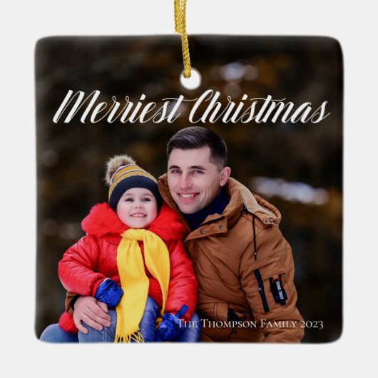 Merriest Kerstmis White Script Photo Double Sided Keramisch Ornament (Voorkant)