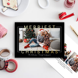 Merriest Modern Gold Text Black Foto Folie Feestdagenkaart
