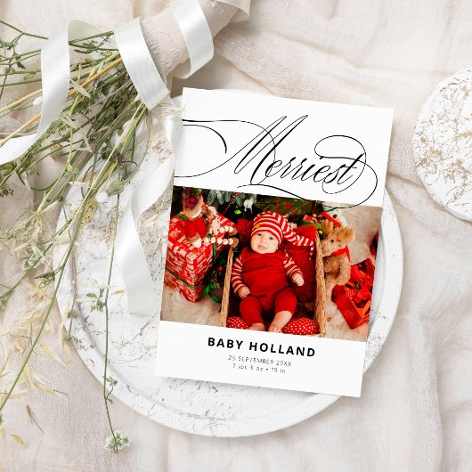 Merriest Modern Photo Christmas Geboorte Aankondig Feestdagenkaart