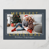 Merriest Moderne Gold Text Slate Blue Foto Folie Feestdagenkaart (Voorkant)