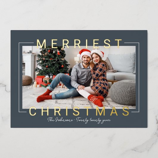Merriest Moderne Gold Text Slate Blue Foto Folie Feestdagenkaart (Voorkant)