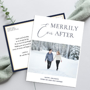 Merrily Ever After Blue Script Kerstfoto Feestdagenkaart