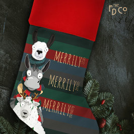"Merrily" Grappige schapen ezel lama gestreept Kerstsok