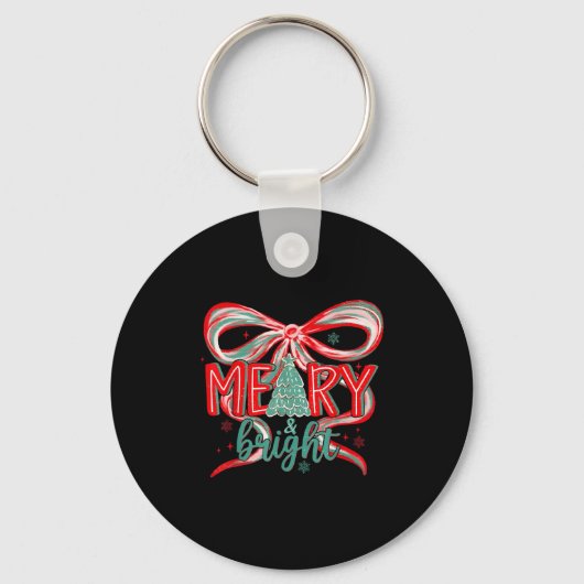 Merry & Bright Tree Coquette Bow Retro Holiday Sleutelhanger (Voorkant)