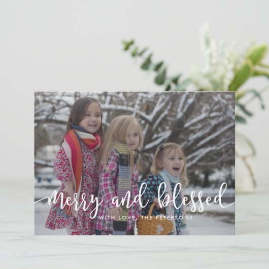 Merry and Blessed White Script Overlay Religious Feestdagenkaart (Staand voorkant)