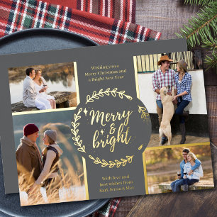 Merry and Bright 4 Foto Collage Grijs en Goud Folie Feestdagenkaart