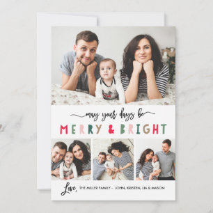 Merry and Bright 4 Foto Vakantie Kaart- Wit Feestdagenkaart