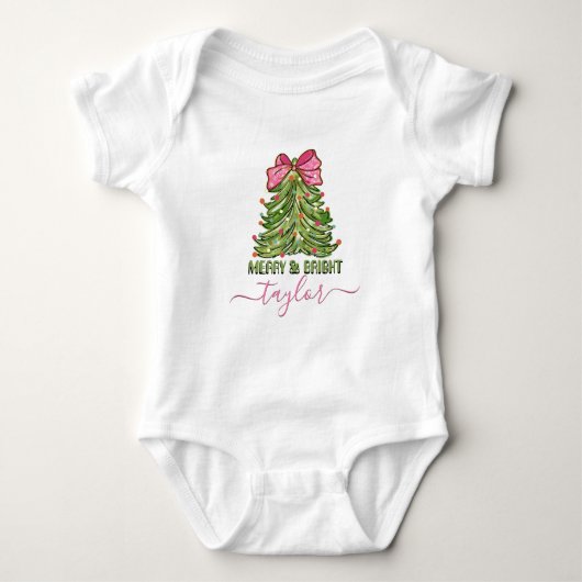 Merry and Bright Babynaam op kerstboom Romper (Voorkant)
