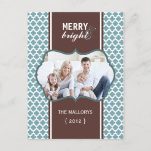 Merry and Bright Blue Quatrefoil Holiday Briefkaar Feestdagenkaart