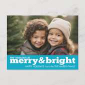 Merry and Bright Bold Modern Photo - blauw Feestdagenkaart (Voorkant)
