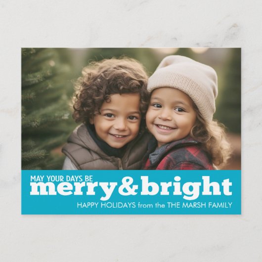 Merry and Bright Bold Modern Photo - blauw Feestdagenkaart (Voorkant)