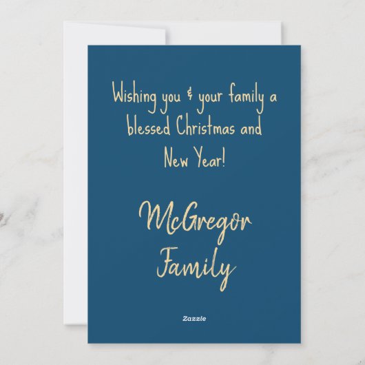 Merry and Bright Christmas Gold Beige Script Blauw Feestdagenkaart (Achterkant)