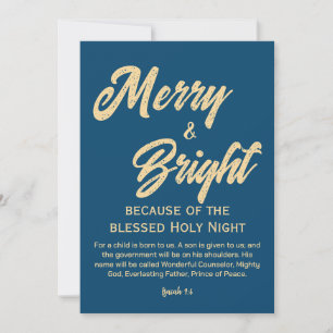 Merry and Bright Christmas Gold Beige Script Blauw Feestdagenkaart