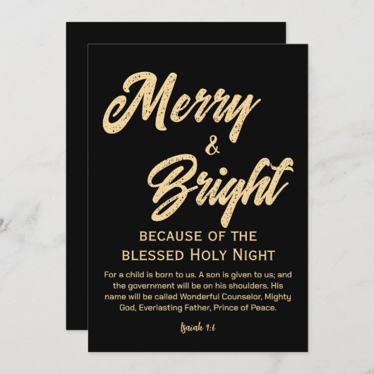 Merry and Bright Christmas Gold Beige Script Zwart Feestdagenkaart (Voorkant / Achterkant)