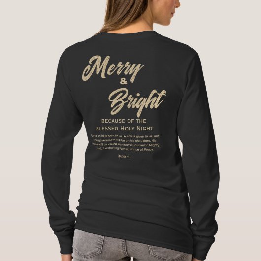 Merry and Bright Christmas Gold Beige Script Zwart T-shirt (Achterkant)