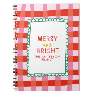 Merry and Bright Colorful Gingham aangepaste naam Notitieboek