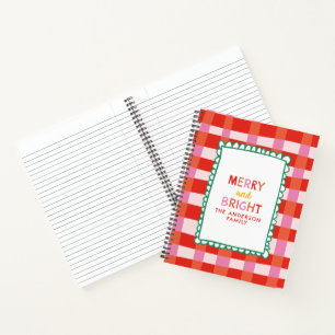 Merry and Bright Colorful Gingham aangepaste naam Notitieboek