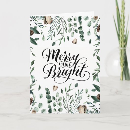 Merry and Bright Elegant Script Magnolia Greenery Feestdagen Kaart (Voorkant)