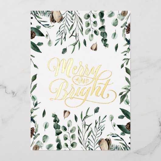 Merry and Bright Elegant Script Magnolia Greenery Folie Feestdagenkaart (Voorkant)