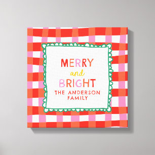 Merry and Bright Gepersonaliseerde Gingham Red & P Canvas Afdruk