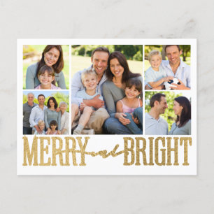Merry and Bright Gold Foil Photo Collage Feestdagenkaart