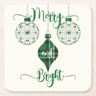 Merry and Bright Green Plaid Ornament Vierkante Kartonnen Onderzetter