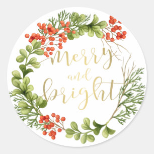Merry and Bright Greenery Wreath Holiday Ronde Sticker