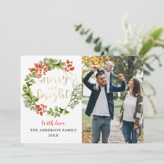 Merry and Bright Groene Hulst Krans 2 Foto Feestdagenkaart (Staand voorkant)
