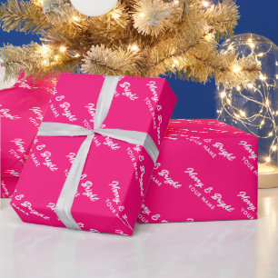 Merry and Bright hot neon roze script Kerstmis Cadeaupapier