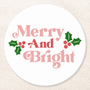 Merry and Bright - Klassieke vakantietypografie Ronde Kartonnen Onderzetter