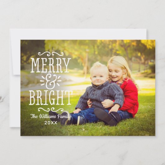 Merry and Bright Modern White Overlay Photo Feestdagenkaart (Voorkant)