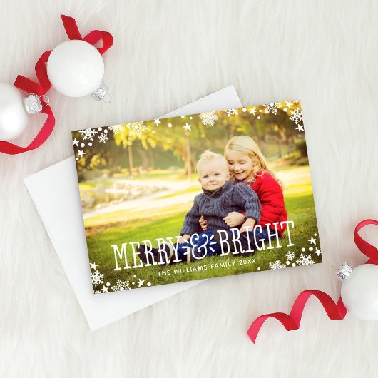 Merry and Bright Modern White Overlay Photo Feestdagenkaart