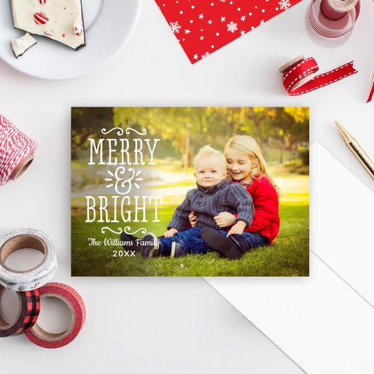 Merry and Bright Modern White Overlay Photo Feestdagenkaart