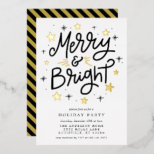 Merry And Bright Modern Zwart Goud Vakantie Feest  Folie Uitnodiging