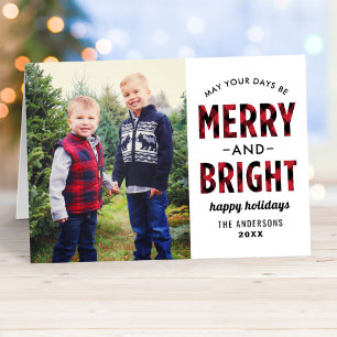 Merry and Bright Moderne Rode Buffalo Plaid Foto Feestdagen Kaart