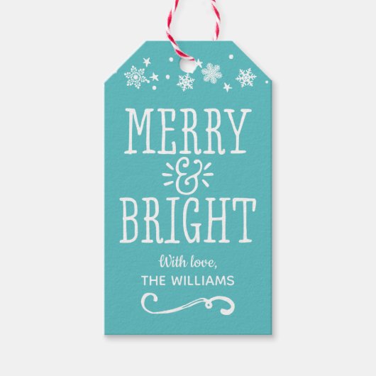 Merry and Bright Personalized Blauwgroen Blue Holi Cadeaulabel (Voorkant)